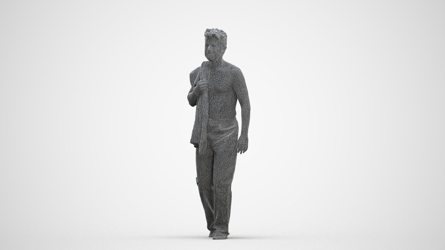 3D human model person bathroom, photogrammetry scanned person for archviz, three-quarter front view render