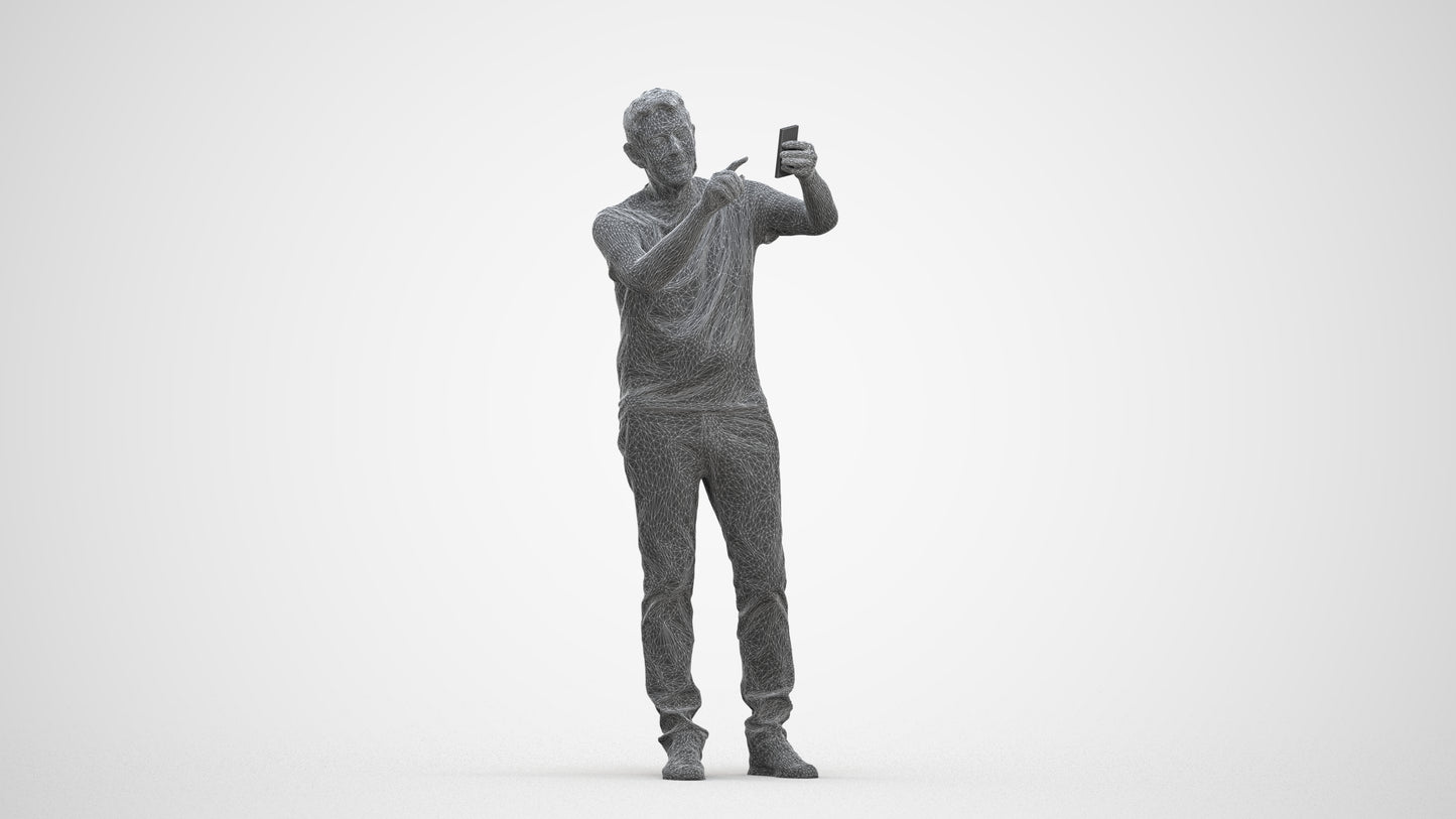 3D human model senior man casual standing, photogrammetry scanned person for archviz, three-quarter front view render