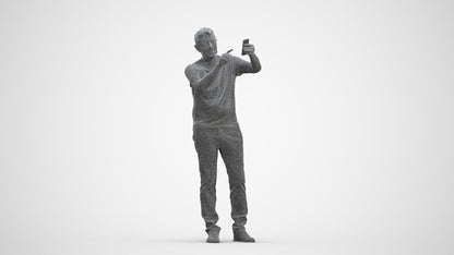 3D human model senior man casual standing, photogrammetry scanned person for archviz, three-quarter front view render
