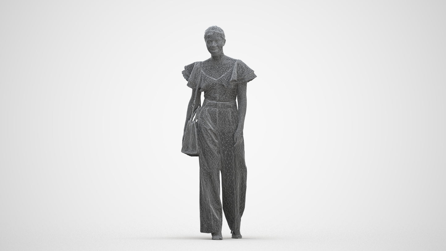 3D scanned woman walking business, photorealistic archviz people for Enscape and SketchUp, three-quarter front view render