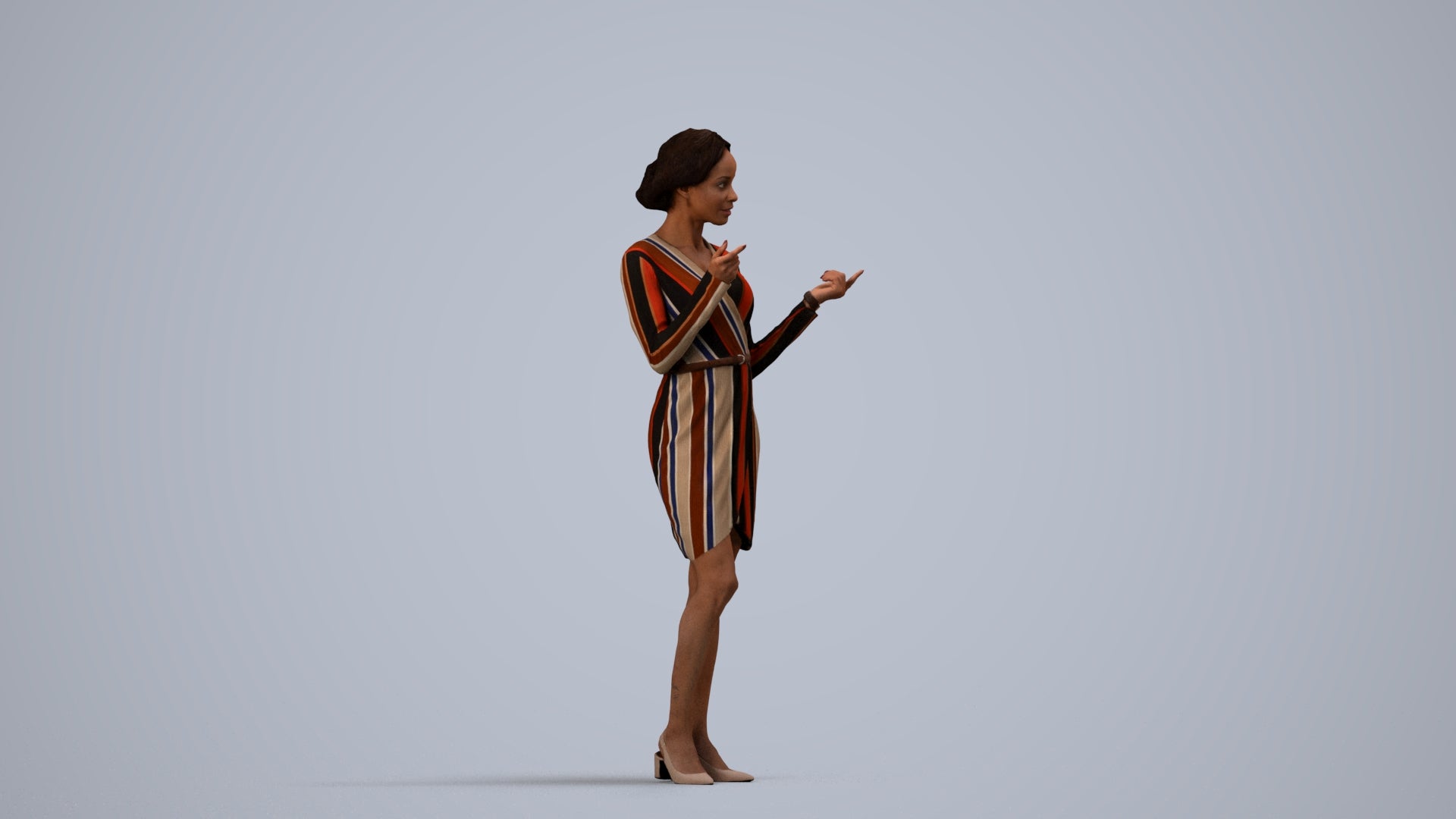 3D human model woman casual standing, photogrammetry scanned person for archviz, side view render
