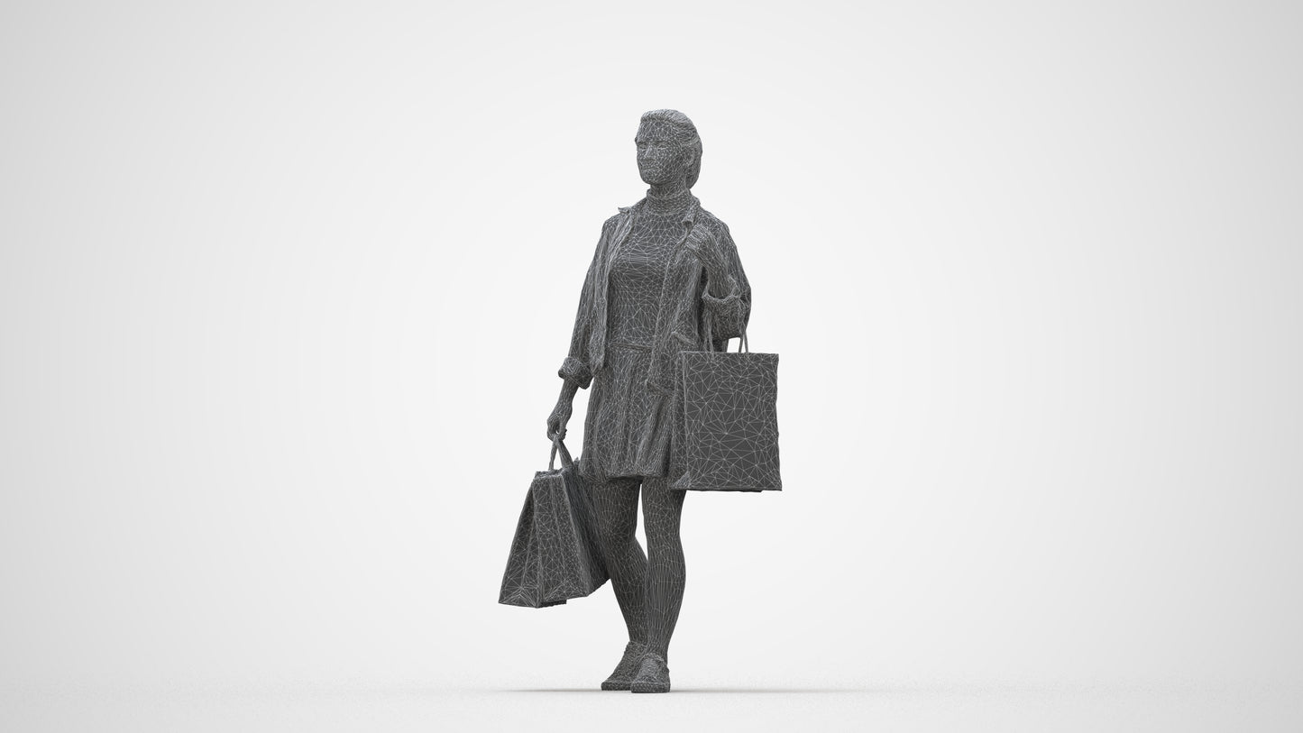 realistic 3D human woman casual walking, archviz people FBX OBJ for Blender, wireframe back view