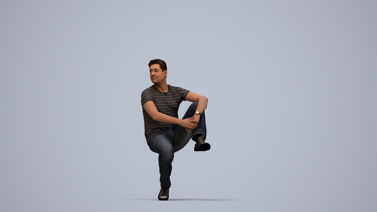 realistic 3D man casual sitting, scanned archviz people for Blender and 3ds Max, top-down view render