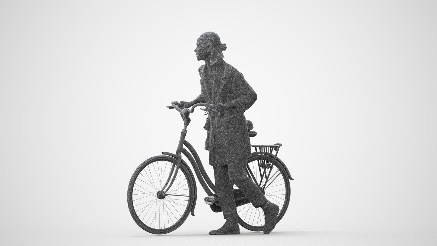3D human model woman casual cycling, photogrammetry scanned person for archviz, square thumbnail