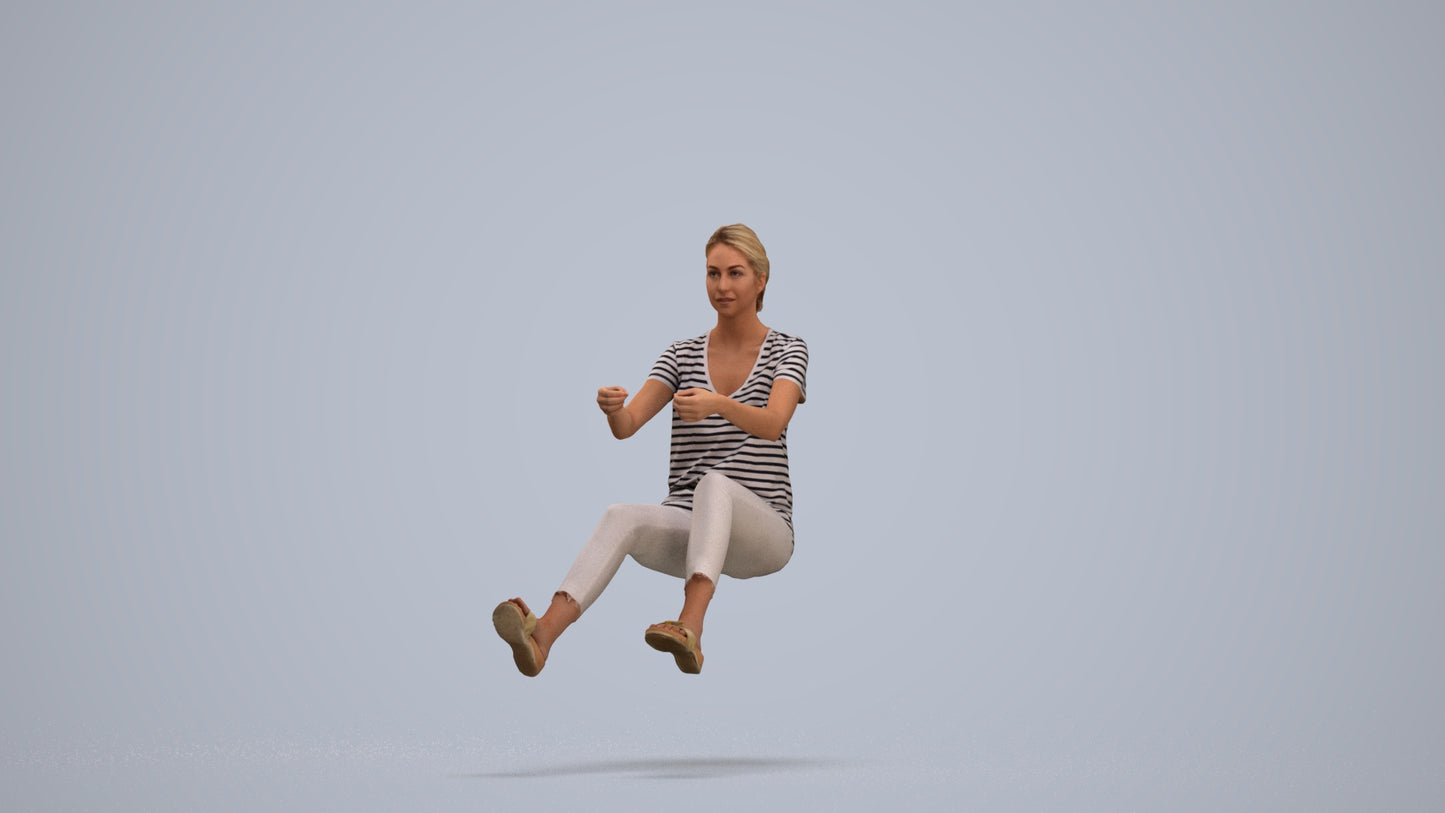 3D human model woman casual driving, photogrammetry scanned person for archviz, standing pose render
