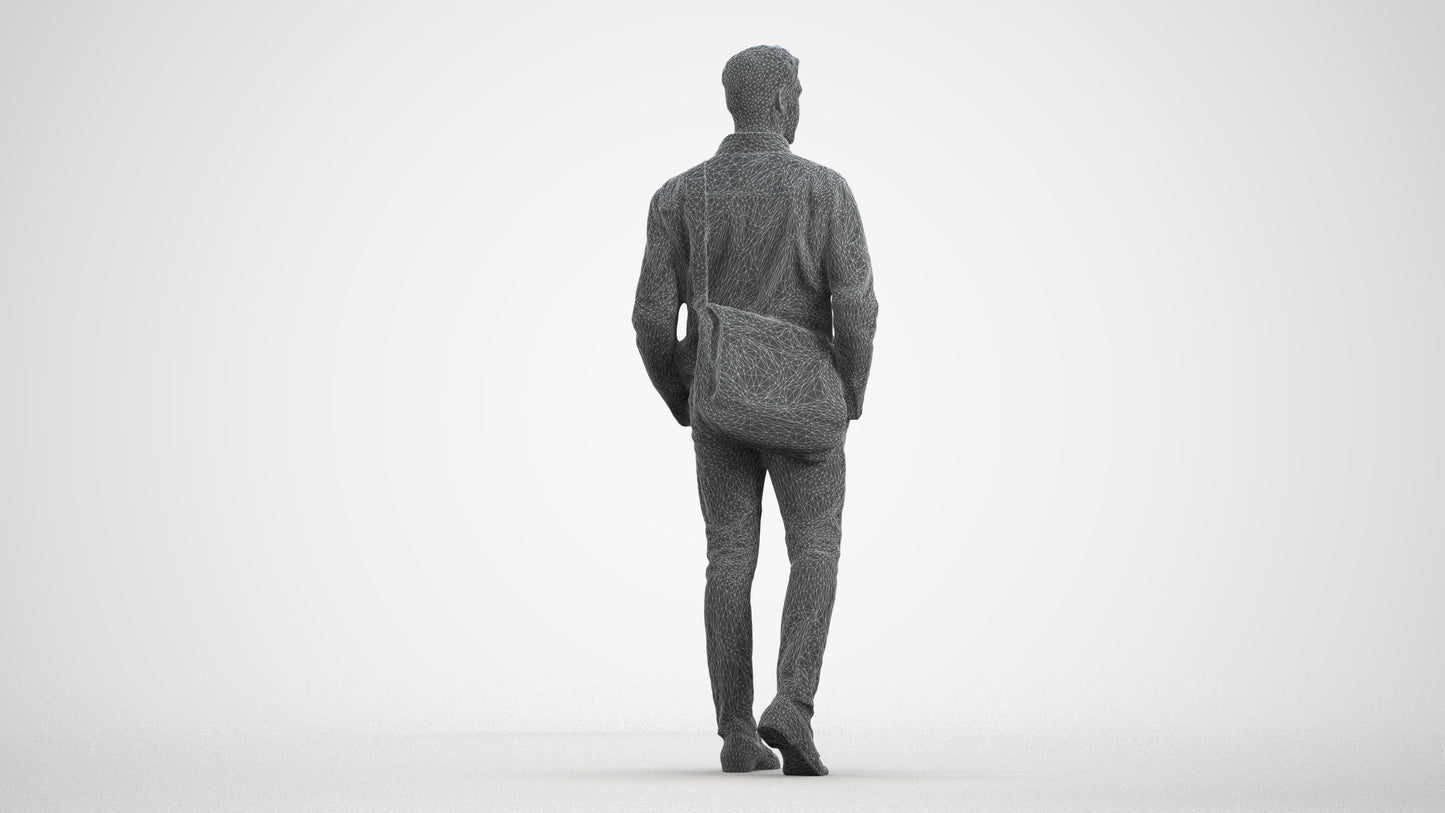 3D people model man casual walking, scanned human for 3ds Max rendering, wireframe front view
