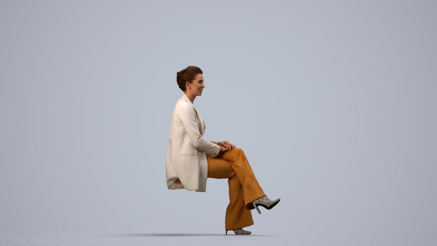 realistic 3D woman business sitting, scanned archviz people for Blender and 3ds Max, side view render