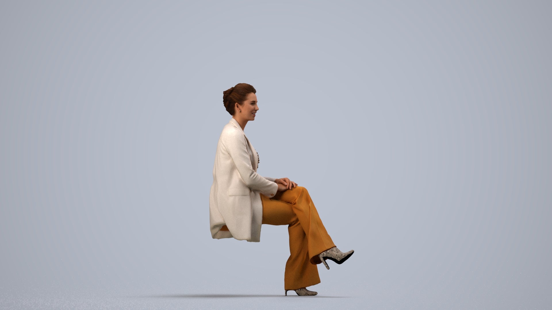realistic 3D woman business sitting, scanned archviz people for Blender and 3ds Max, side view render