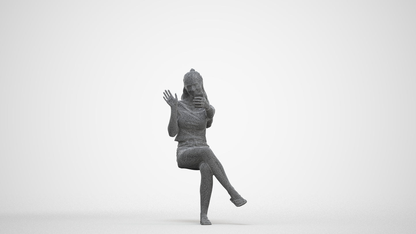 realistic 3D human girl casual sitting, archviz people FBX OBJ for Blender, three-quarter front view render