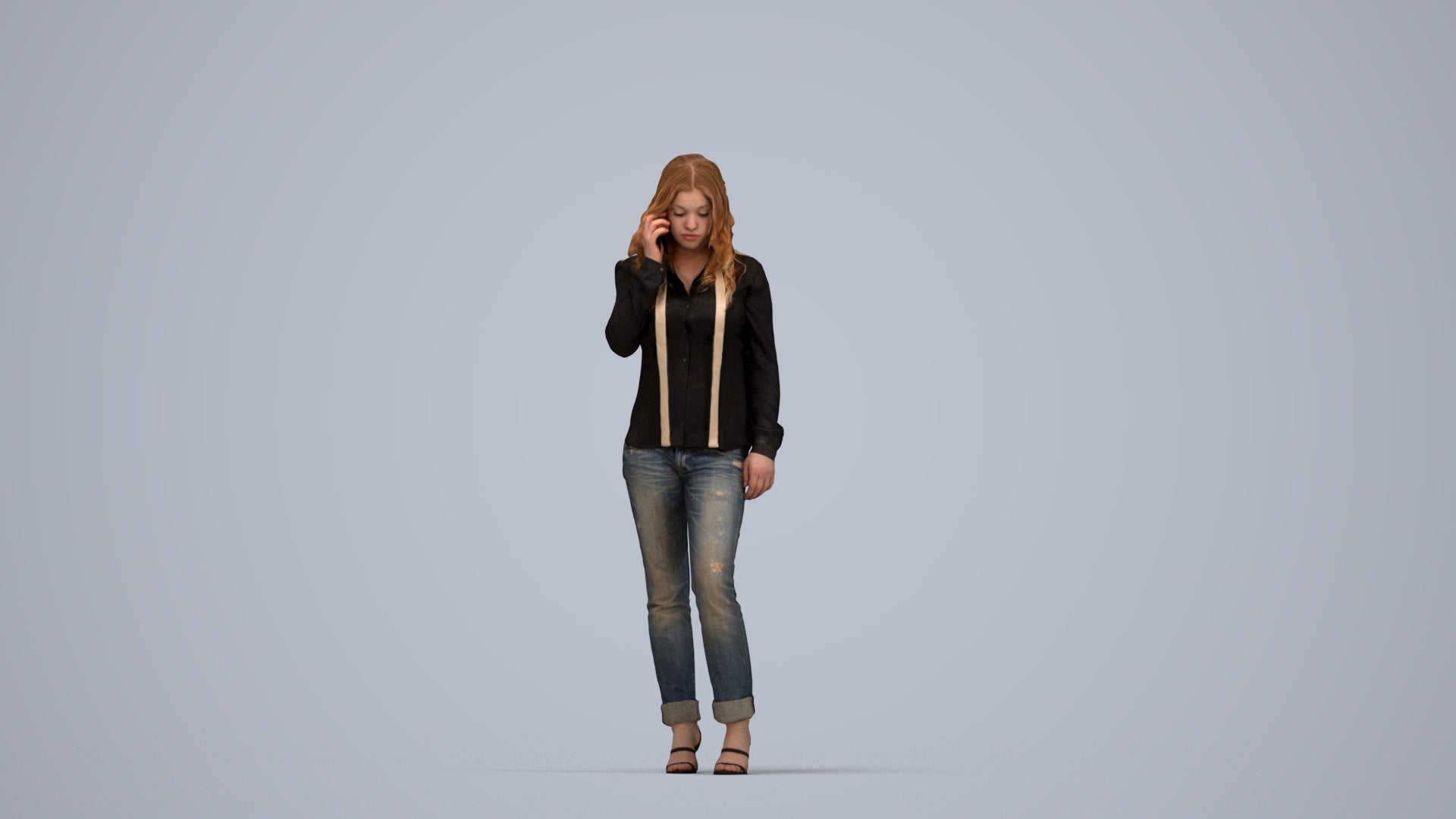 realistic 3D people woman casual walking, render-ready for V-Ray and Corona, FBX OBJ, top-down view render