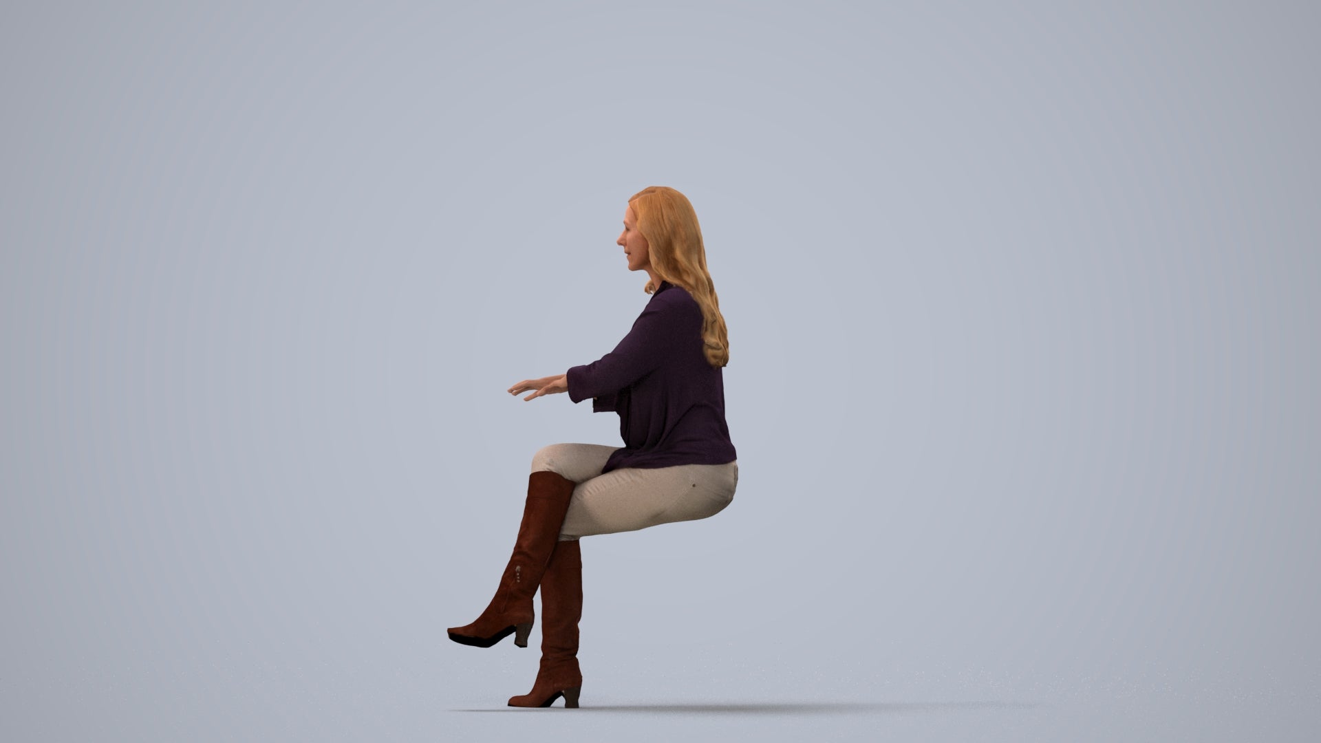 realistic 3D human woman casual sitting, archviz people FBX OBJ for Blender, three-quarter view render