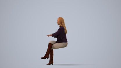 realistic 3D human woman casual sitting, archviz people FBX OBJ for Blender, three-quarter view render