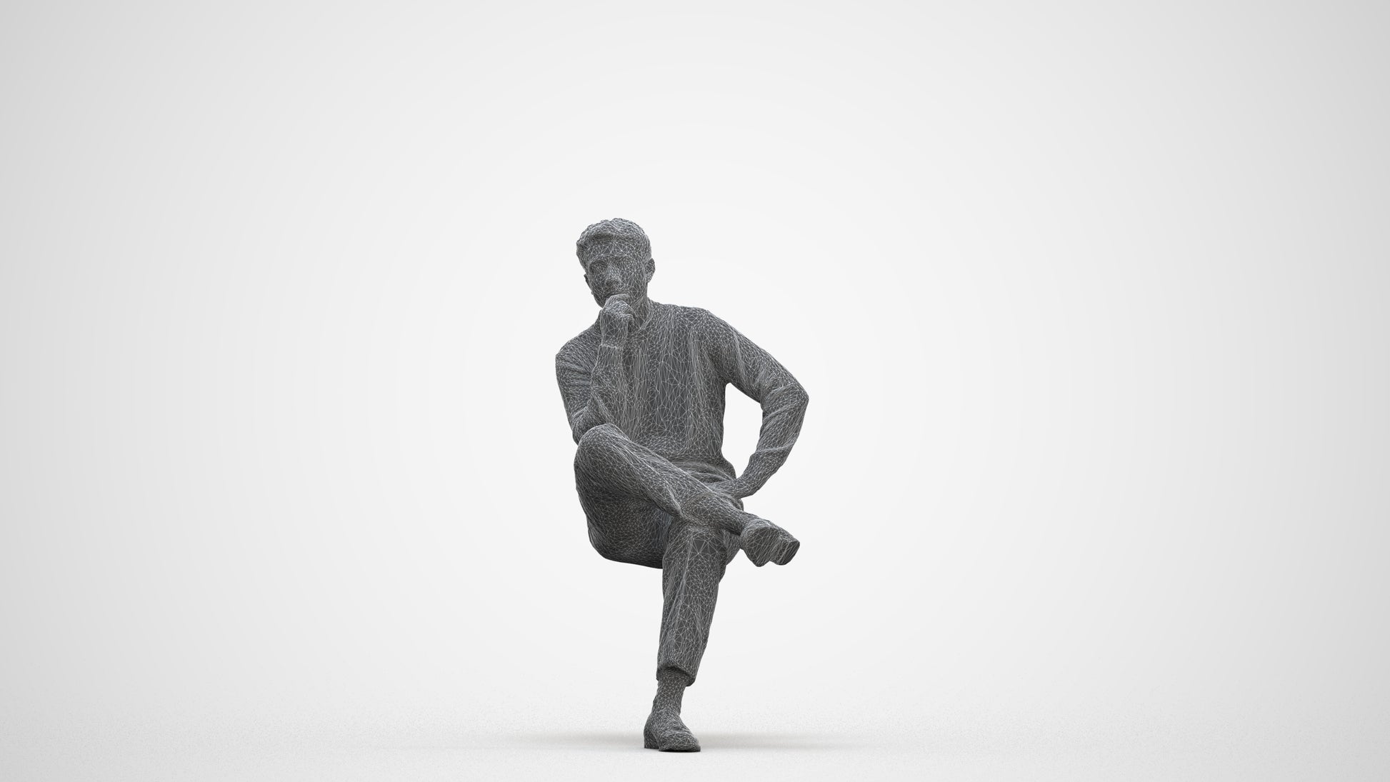 3D human model man casual sitting, photogrammetry scanned person for archviz, three-quarter front view render