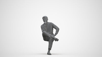 3D human model man casual sitting, photogrammetry scanned person for archviz, three-quarter front view render