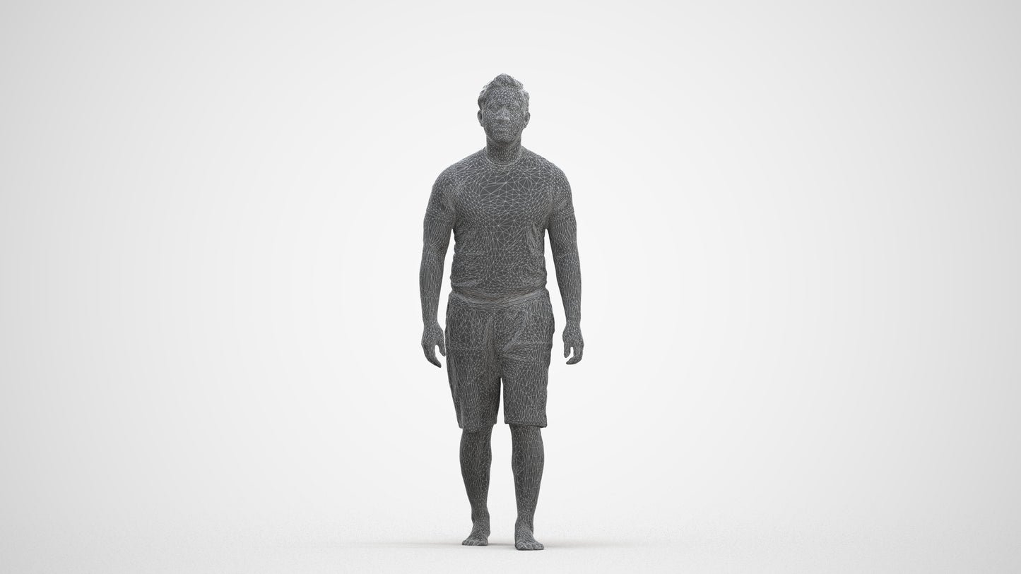 3D human model man sport walking, photogrammetry scanned person for archviz, three-quarter front view render