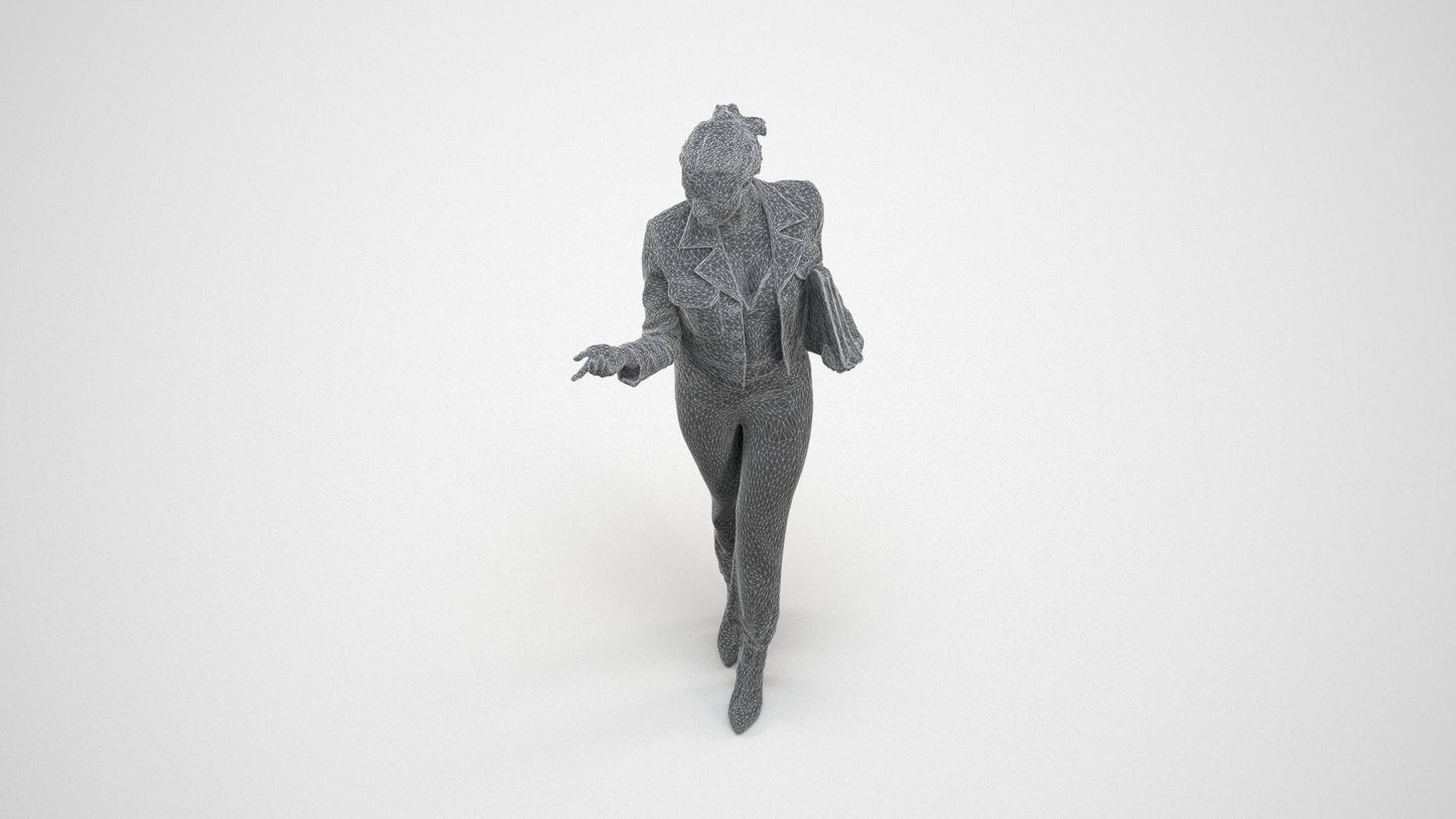 3D human model woman business standing, photogrammetry scanned person for archviz, wireframe three-quarter view
