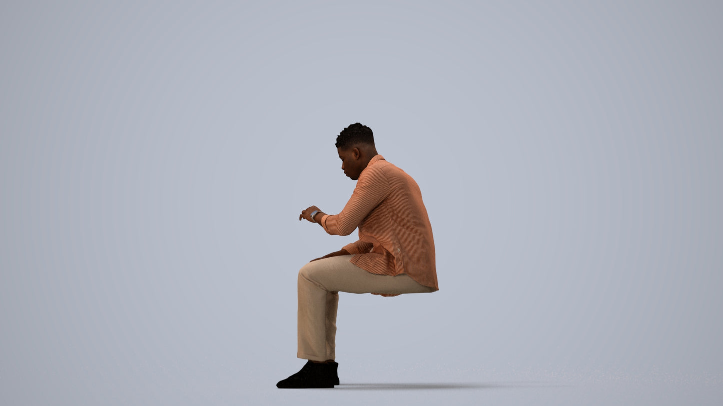 3D human model man casual sitting, photogrammetry scanned person for archviz, three-quarter view render