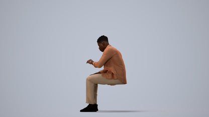 3D human model man casual sitting, photogrammetry scanned person for archviz, three-quarter view render