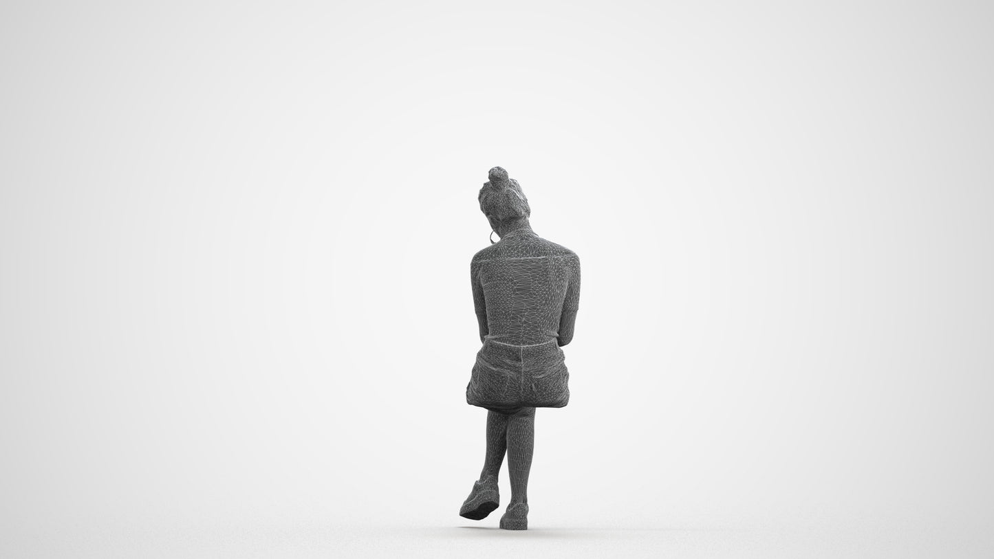 realistic 3D human woman casual sitting, archviz people FBX OBJ for Blender, wireframe front view