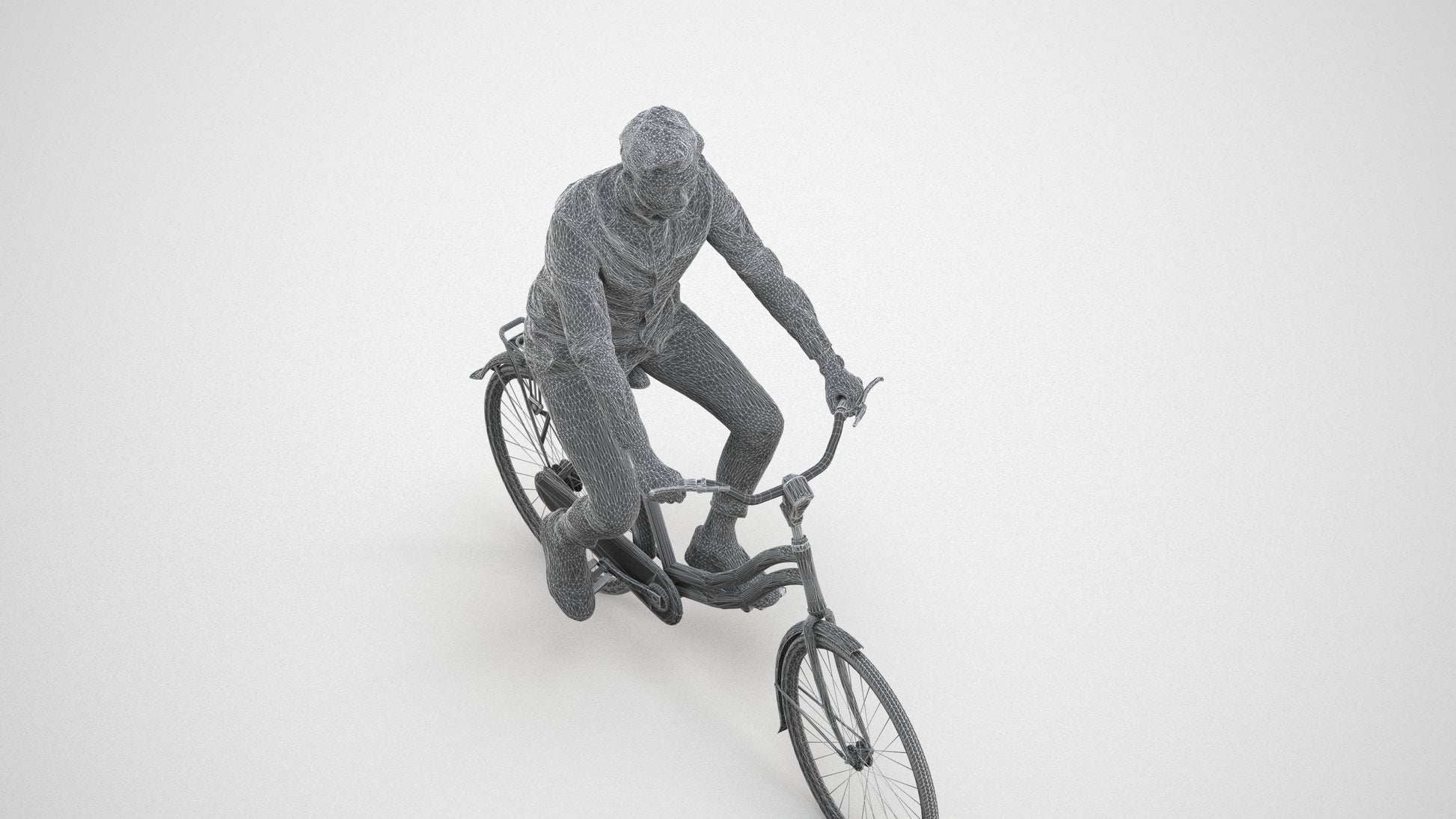 realistic 3D human man casual cycling, archviz people FBX OBJ for Blender, wireframe three-quarter view