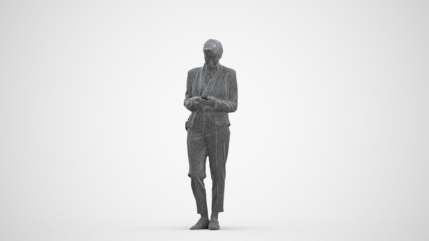 3D human model woman business standing, photogrammetry scanned person for archviz, three-quarter front view render