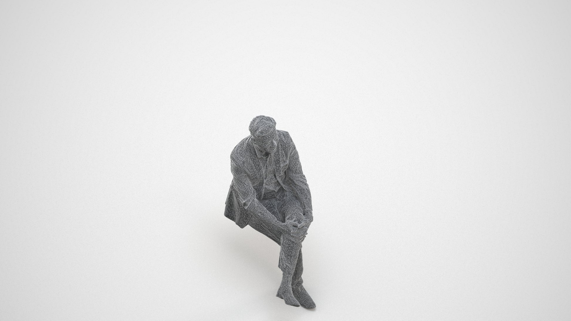 3D people model man business sitting, scanned human for 3ds Max rendering, wireframe three-quarter view