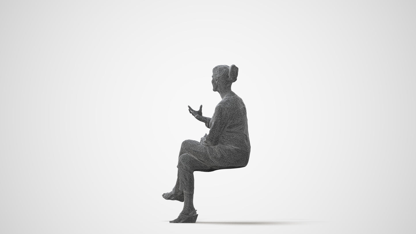 3D human model woman casual sitting, photogrammetry scanned person for archviz, square thumbnail