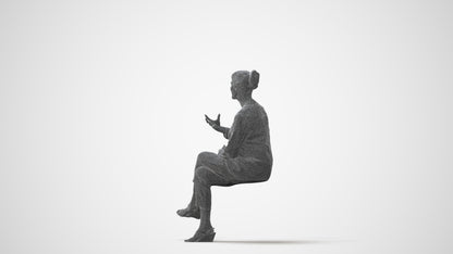3D human model woman casual sitting, photogrammetry scanned person for archviz, square thumbnail