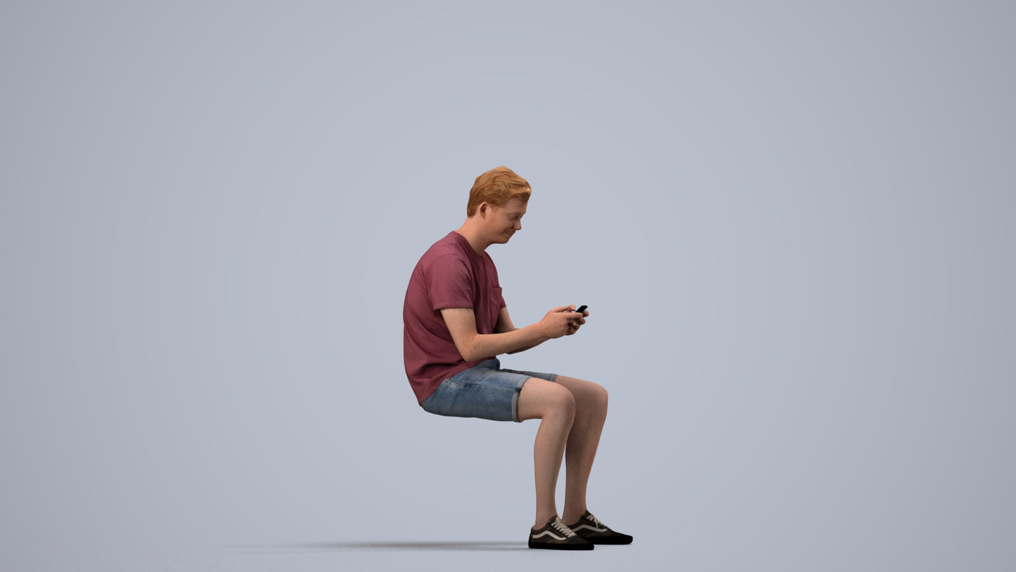 3D scanned man sitting casual, photorealistic archviz people for Enscape and SketchUp, side view render
