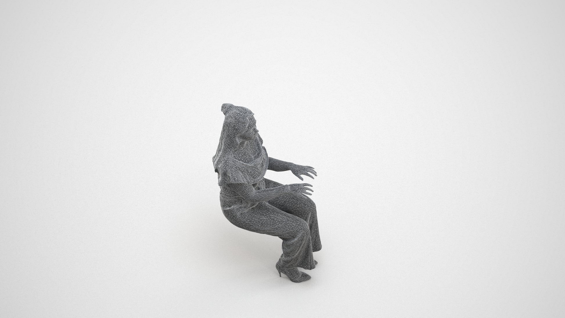 3D human model woman casual business, photogrammetry scanned person for archviz, wireframe three-quarter view