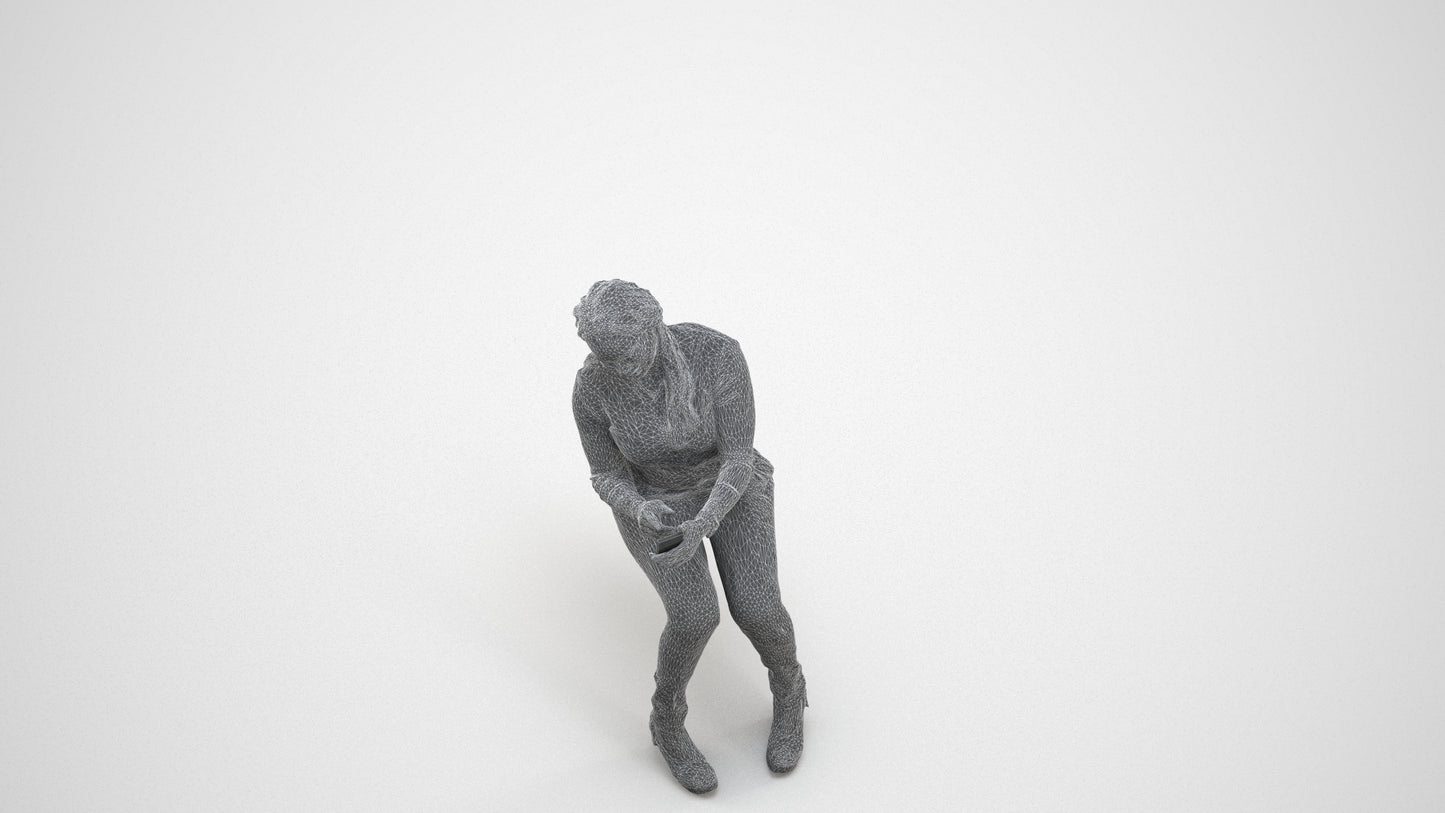scanned 3D woman casual sitting, photogrammetry people for Enscape and V-Ray, wireframe three-quarter view