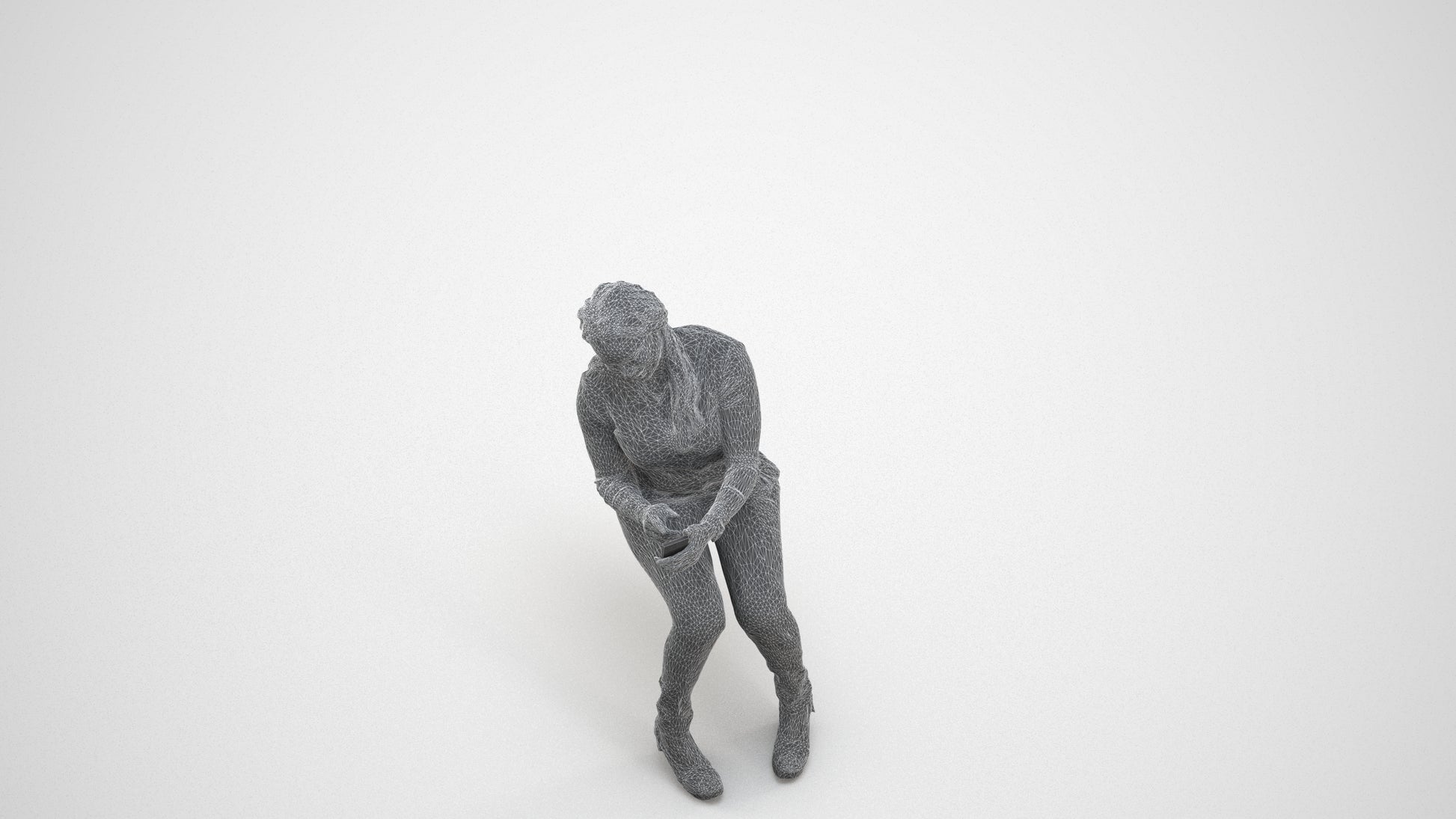 scanned 3D woman casual sitting, photogrammetry people for Enscape and V-Ray, wireframe three-quarter view