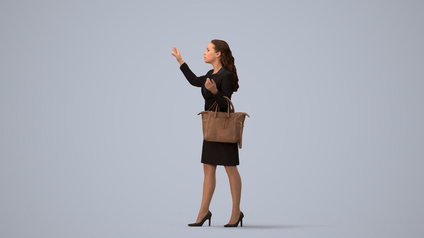 3D human model woman business standing, photogrammetry scanned person for archviz, three-quarter view render