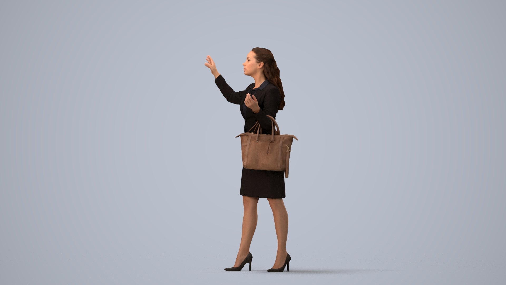 3D human model woman business standing, photogrammetry scanned person for archviz, three-quarter view render