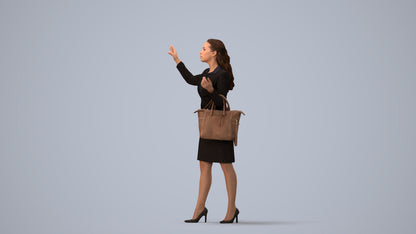 3D human model woman business standing, photogrammetry scanned person for archviz, three-quarter view render