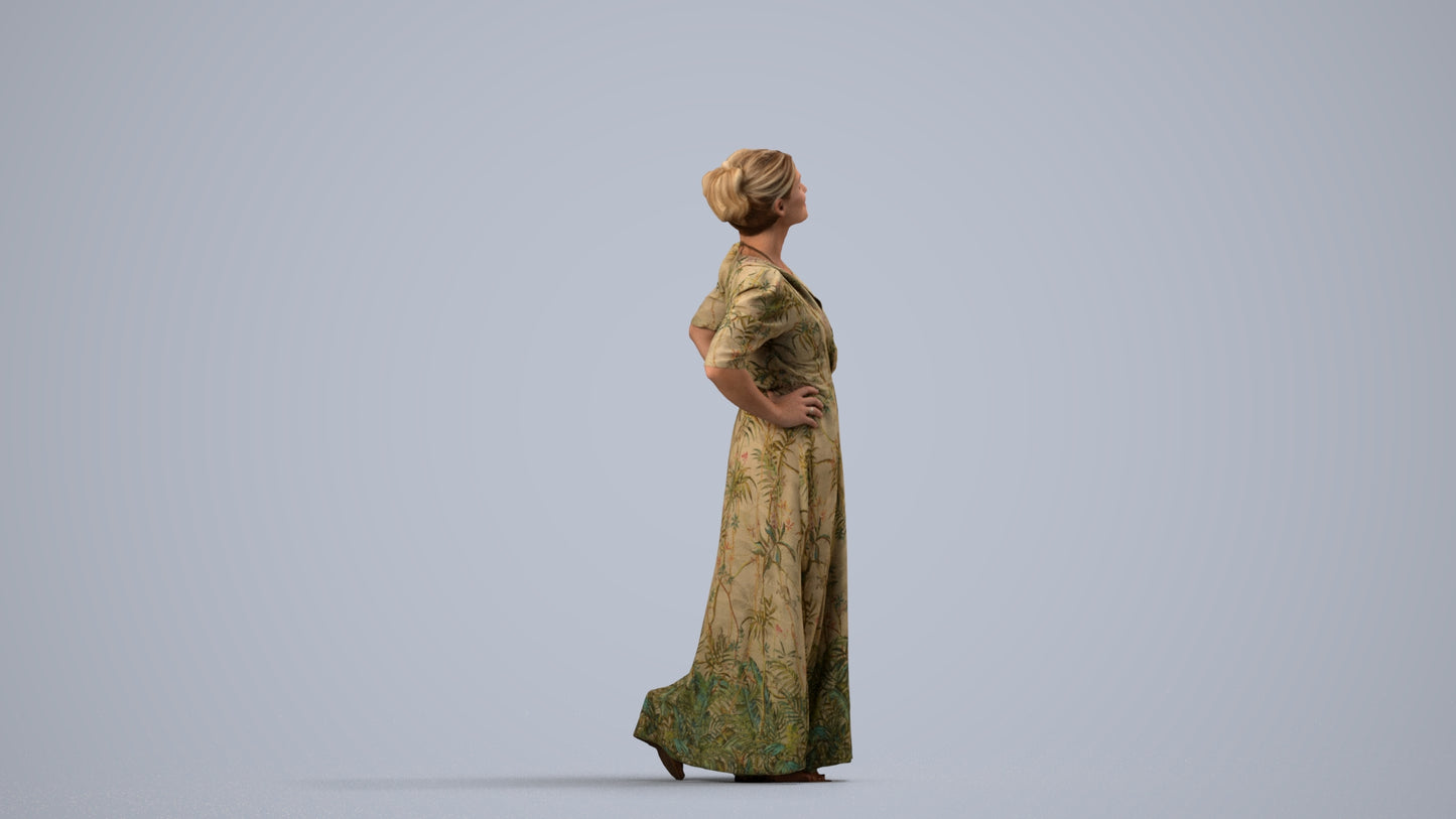 3D scanned woman standing casual, photorealistic archviz people for Enscape and SketchUp, side view render