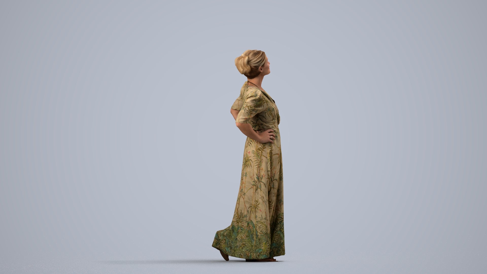3D scanned woman standing casual, photorealistic archviz people for Enscape and SketchUp, side view render