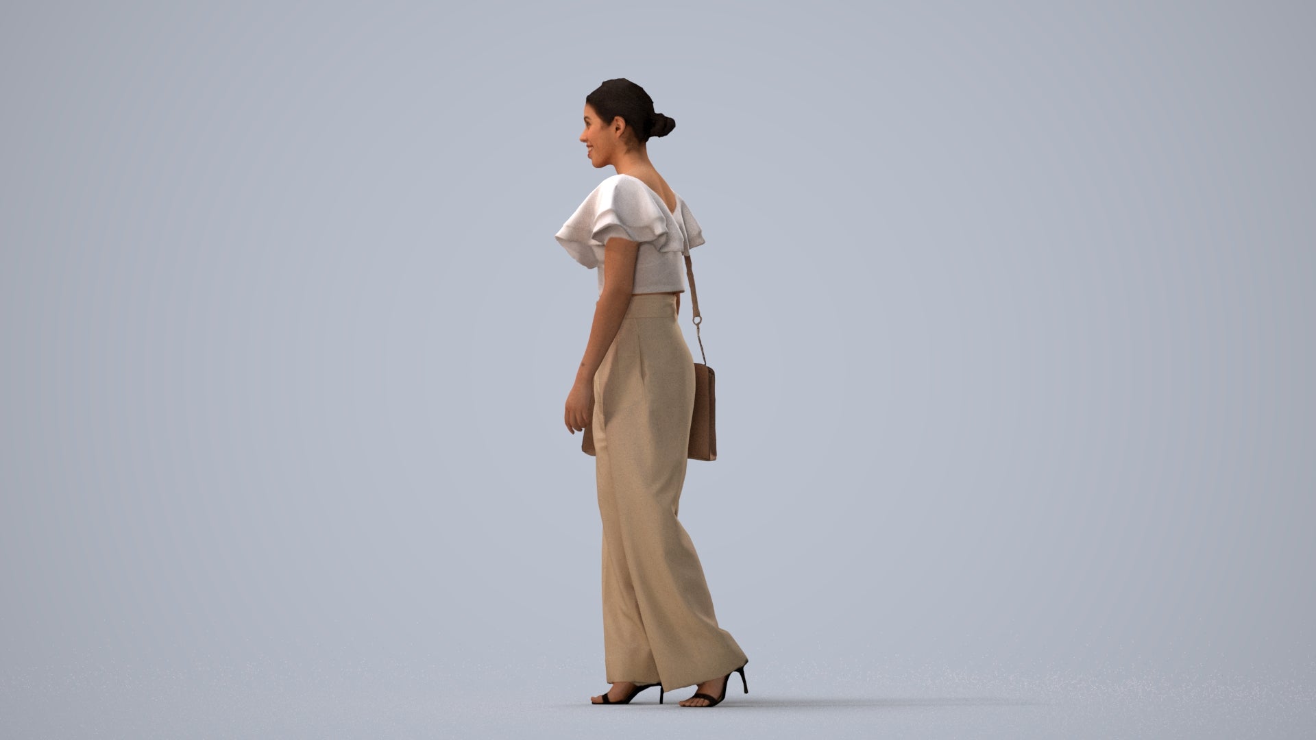 3D scanned woman walking business, photorealistic archviz people for Enscape and SketchUp, three-quarter view render