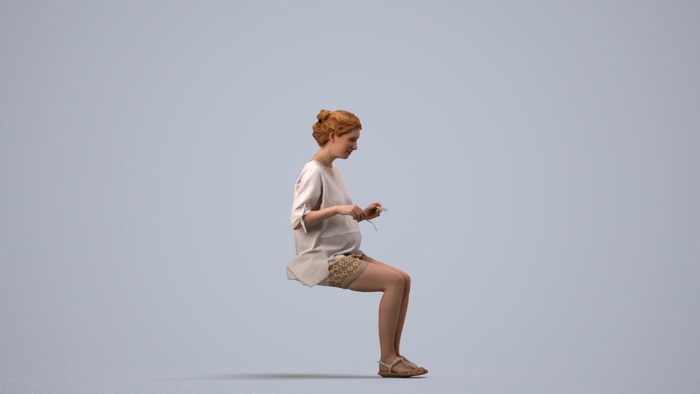 realistic 3D human woman casual sitting, archviz people FBX OBJ for Blender, side view render