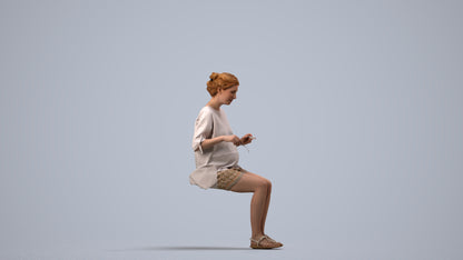 realistic 3D human woman casual sitting, archviz people FBX OBJ for Blender, side view render