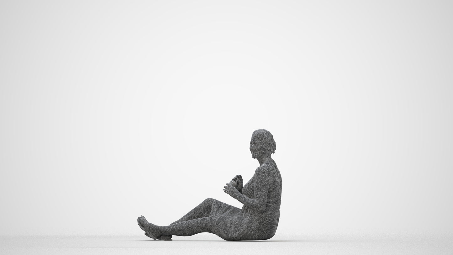 scanned 3D woman casual sitting, photogrammetry people for Enscape and V-Ray, wireframe back view