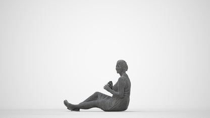 scanned 3D woman casual sitting, photogrammetry people for Enscape and V-Ray, wireframe back view