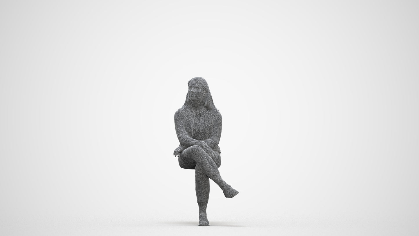 3D human model woman casual sitting, photogrammetry scanned person for archviz, three-quarter front view render