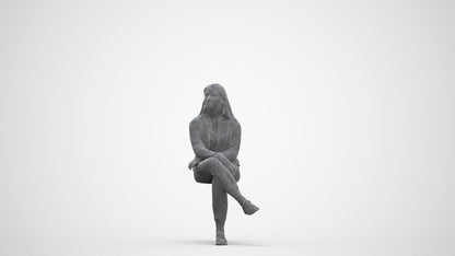 3D human model woman casual sitting, photogrammetry scanned person for archviz, three-quarter front view render