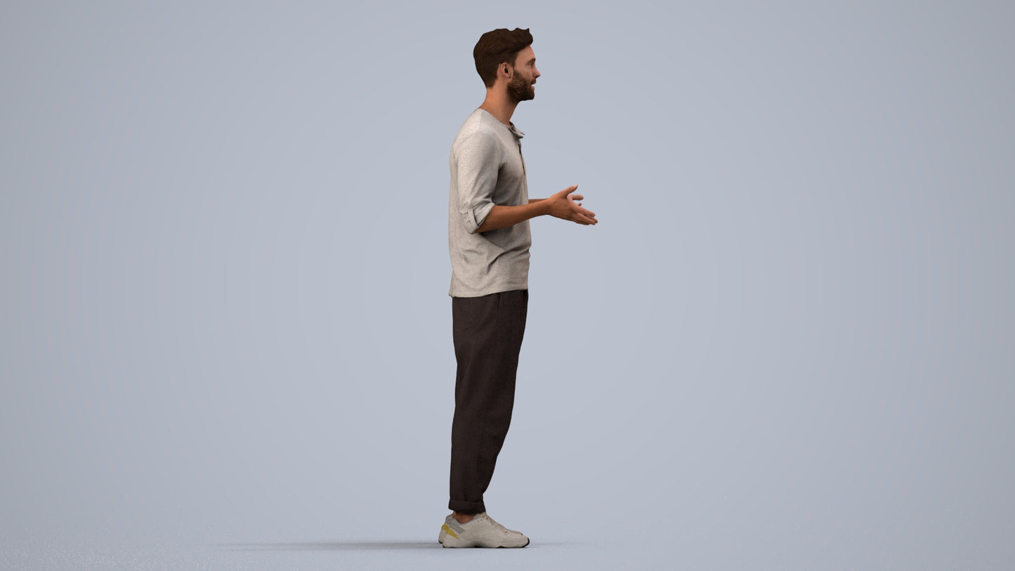 3D human model man casual standing, photogrammetry scanned person for archviz, side view render