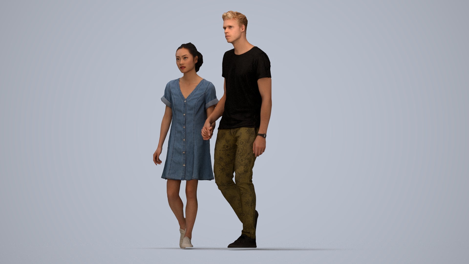 3D human model woman casual couple, photogrammetry scanned person for archviz, top-down view render