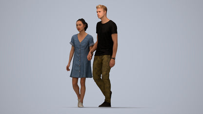 3D human model woman casual couple, photogrammetry scanned person for archviz, top-down view render