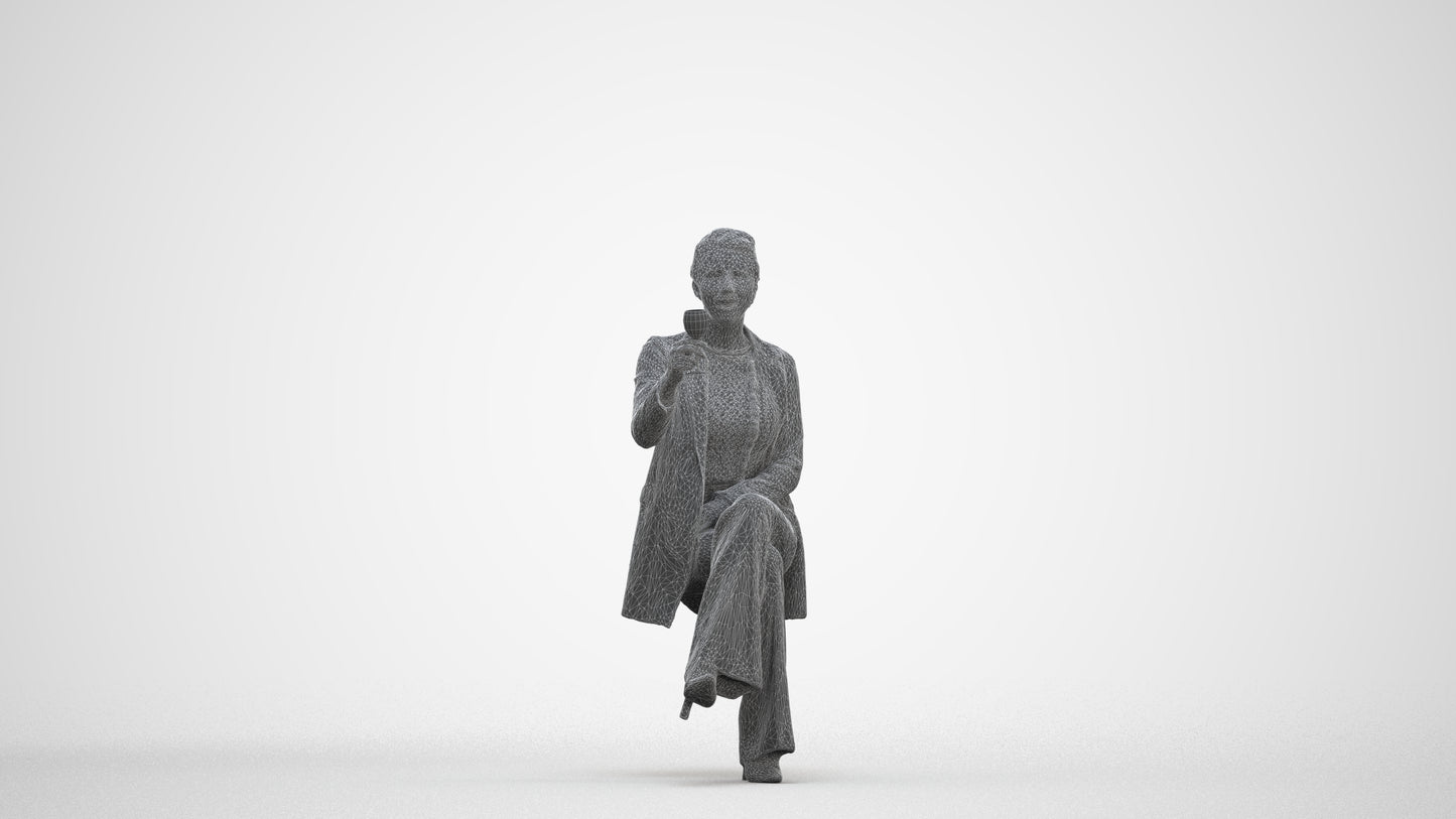 3D human model woman business sitting, photogrammetry scanned person for archviz, three-quarter front view render
