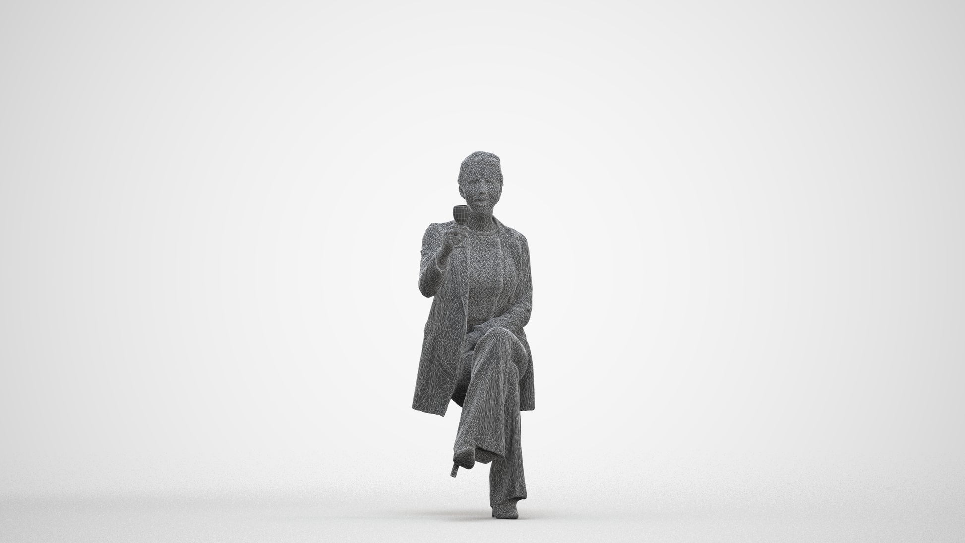 3D human model woman business sitting, photogrammetry scanned person for archviz, three-quarter front view render
