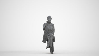 3D human model woman business sitting, photogrammetry scanned person for archviz, three-quarter front view render